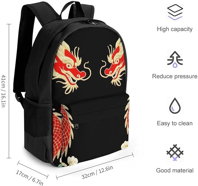 Men Women Lightweight Floral Chinese Japanese Dragon Flower Backpack Large Capacity Bookbag With Smooth Zippers for Gym Business Running
