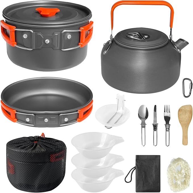 15pcs Camping Cookware, 1.7L Pot, 7inches Pan, 0.8L Kettle Set with Plates Stainless Steel Forks Knives Spoons Camping Cookware Mess Kit for Hiking,Camping,Backpacking,Outdoor Cooking