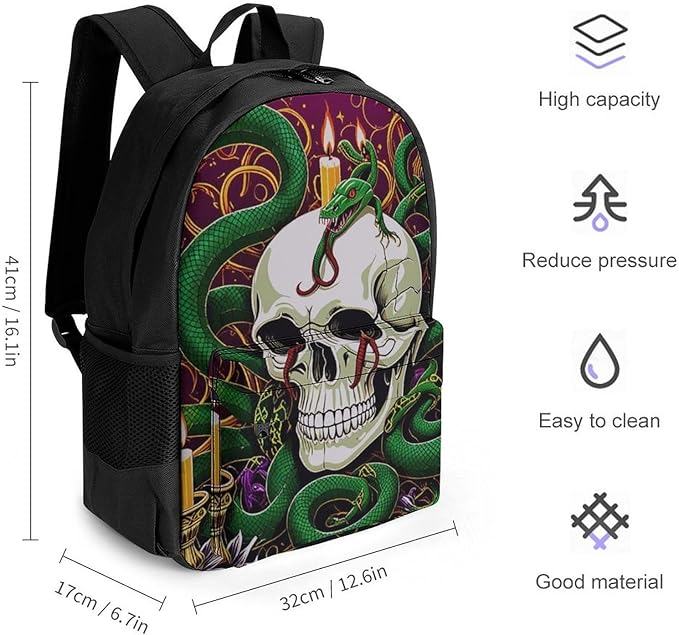 Supdreamc Women Men Polyester Medusa Skull Green Snake Art Casual Daypack Large Capacity Bookbag With Side Pockets for Sports Picnic Walking Cycling