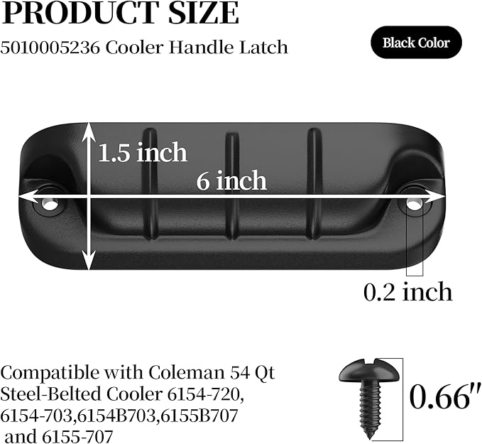 Cooler Handle Latch Replacement Parts 5010005236 Compatible with Co-Leman 54 Qt Steel Belted Coolers, Black Steel-Belted Cooler Latch Accessories (with 2 Screws)