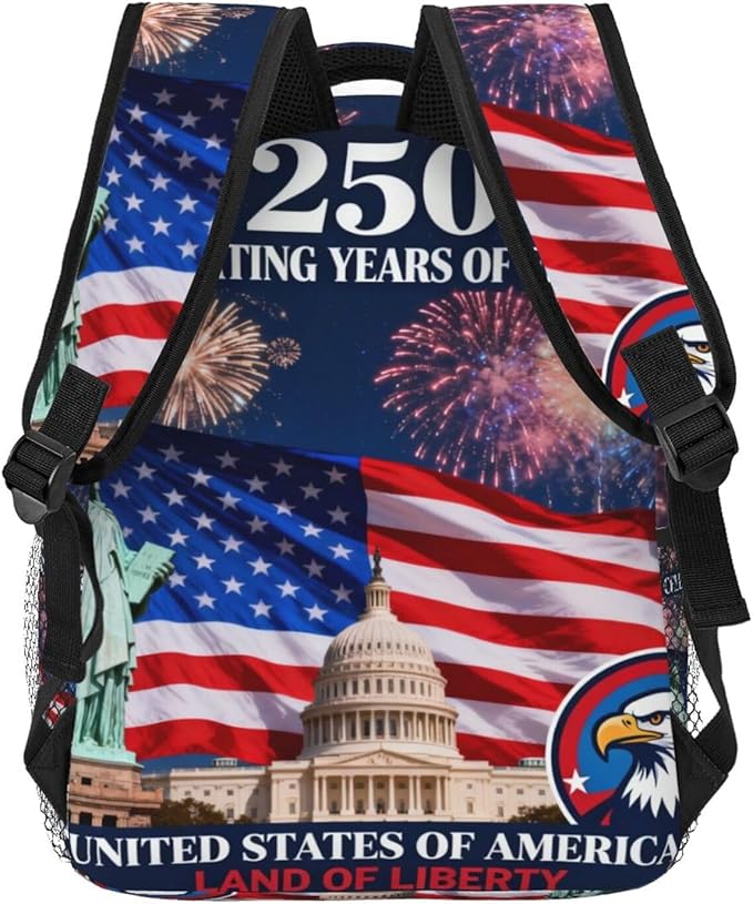 Polyester Daypack Backpack for Sports Travel Running, Big Capacity Anti-Theft Multipurpose Carry On Bag, 250th Anniversary 1776-2026 Patriotic Freedom Art Laptop Book Bag Rucksack