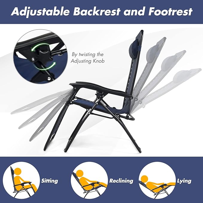 S AFSTAR Zero Gravity Chairs Set of 2, 3 PCS Folding Zero Gravity Lawn Chair Set with Side Table Cup Holders & Adjustable Headrest, Reclining Patio Chairs, Zero Gravity Lounger for Patio Poolside