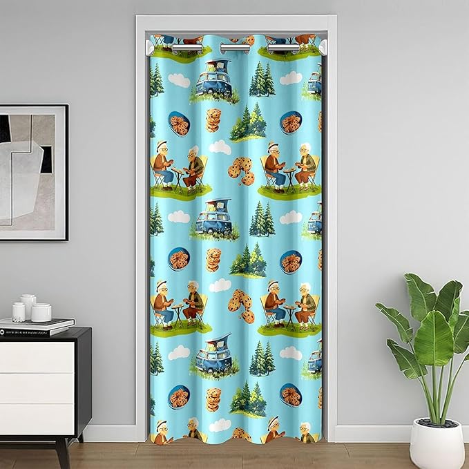 Camper RV Trailer Kids Door Curtain,Cloud Pine Tree Rustic Farmhouse Blackout Curtain,Picnic Happy Camping Holiday Bedroom Doorway Living Room Decor,Blue Green Privacy Door Drape 1 Panel,42" W X 84" L