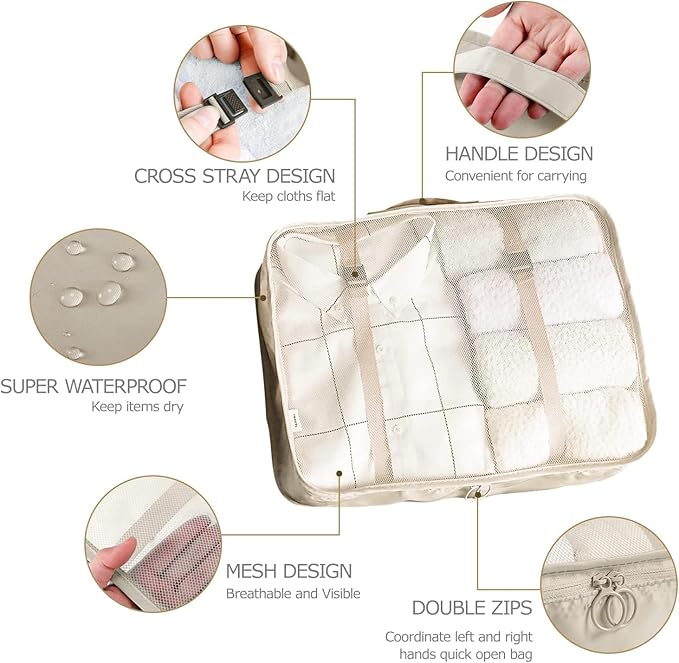 6 Set Packing Cubes for Travel, Luggage Organizers with Shoe & Toiletry Bags, Lightweight Suitcase Organizer for Carry-On, Washable Laundry Bags (Beige)