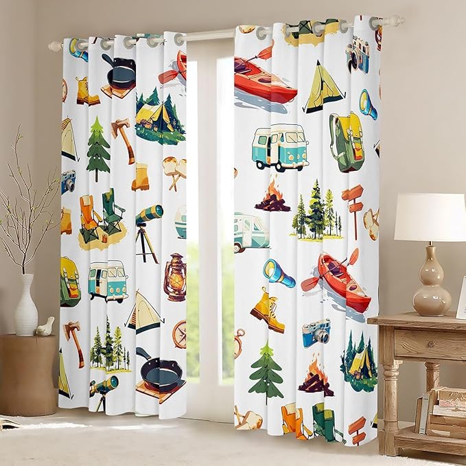 Erosebridal Kids Camping Blackout Curtains for Bedroom Living Room Happy Camper Trailer Window Curtains 2 Panels 38" Wx45 L Camping Gear Drapes,Woodland Adventure Lodge Cabin Window Treatments
