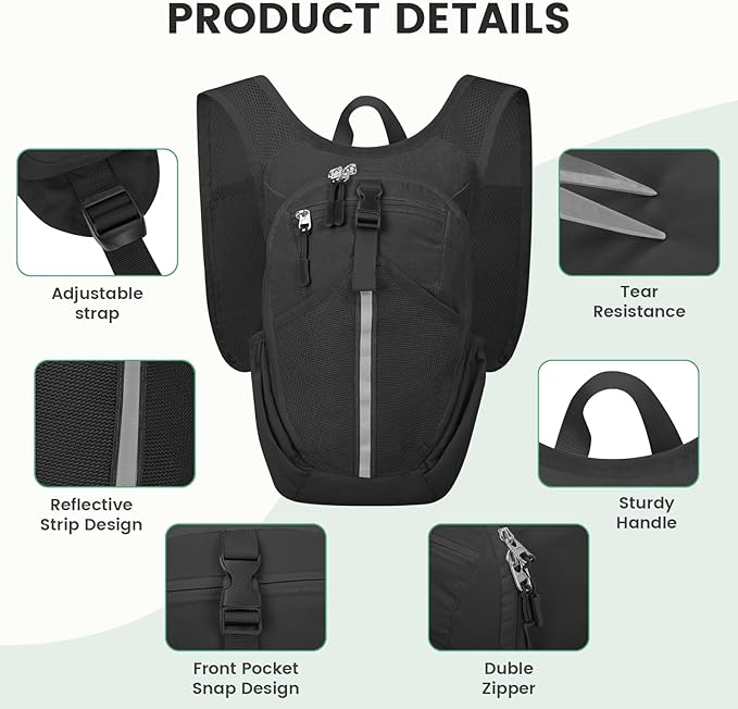 Small Hiking Backpack 15L-Lightweight Packable Foldable Backpack for Travel Camping Outdoor Commute,Compact Rucksack for Women Men(Black)