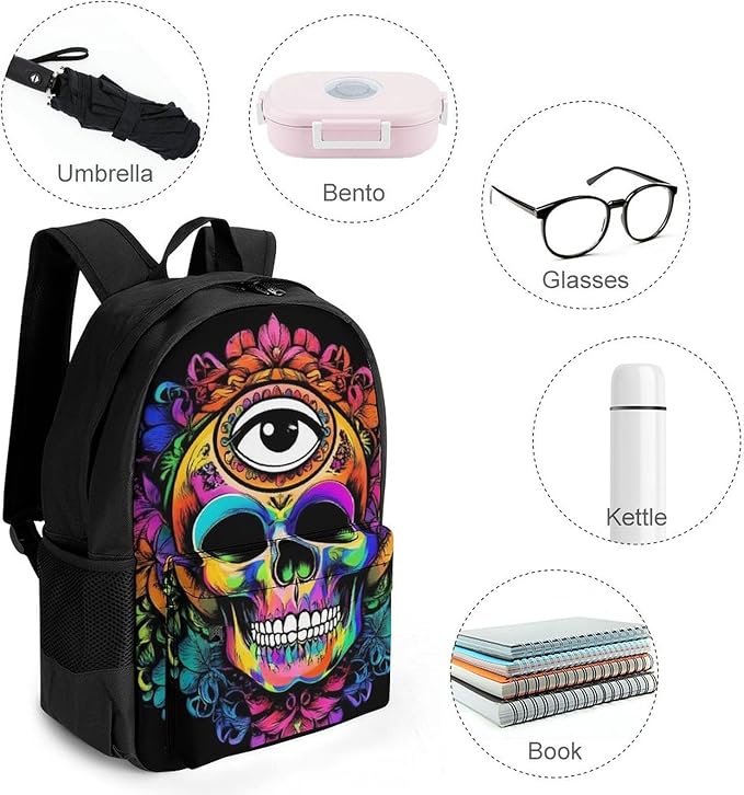 Men Women Lightweight Skull Head Lotus Art Backpack Large Capacity Bookbag With Smooth Zippers for Gym Business Running