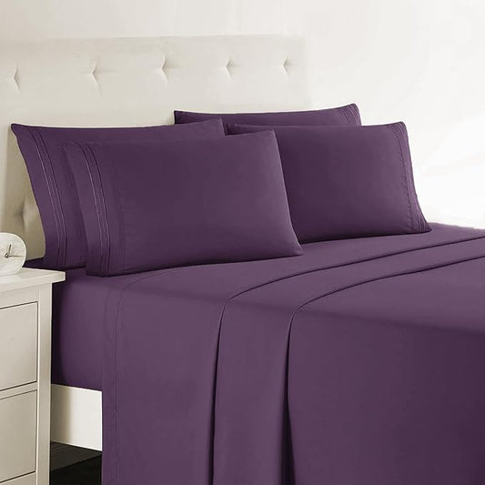 Clara Clark Cal King Sheets, 6 Piece Set - Hotel Luxury Sheets for Cal King Size Bed, Super Soft Bedding Set, Cal King Size, Eggplant Purple