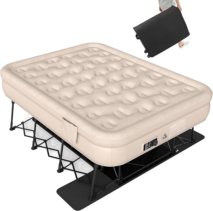 DWVO Inflatable Queen Air Bed with Folding Frame & Rolling Bag, Built-in Pump Blow Up Mattress for Camping, Guest Room & Travel, Portable Air Mattress with Case, 79 x 59 x 28 Inches, Brown