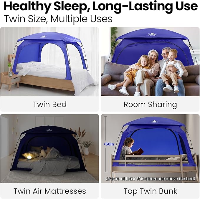 Twin Bed Tent for Boys Healthier Sleep & Privacy with Built-in Fan Pocket for Improved Airflow, CPC Certified Light Blocking Sensory Bed Tent for Boys' Sleep Independence, Sleepover(Blue)