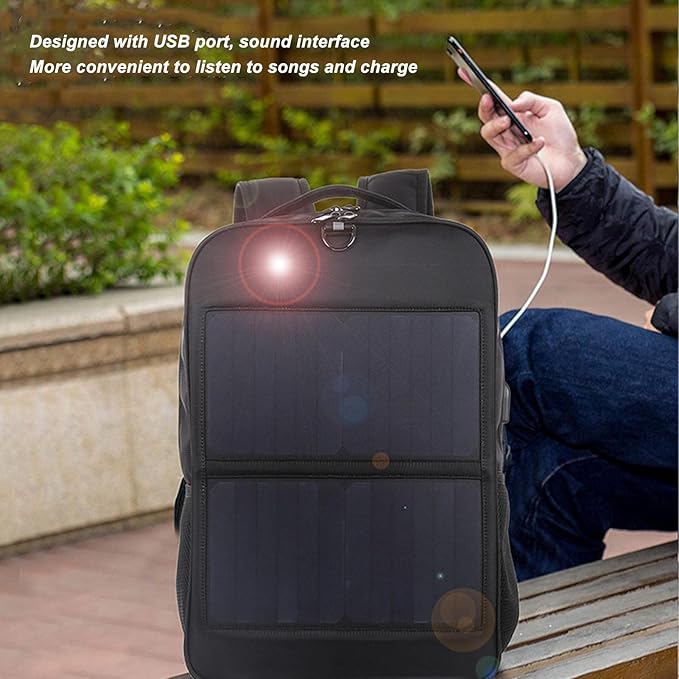 14W Solar Backpack, Lightweight Ergonomic Solar Power Laptop Bag with 5V USB Output Port & Handle, Suppport 9 Smart Circuit Protections, for Hiking, Biking, Running