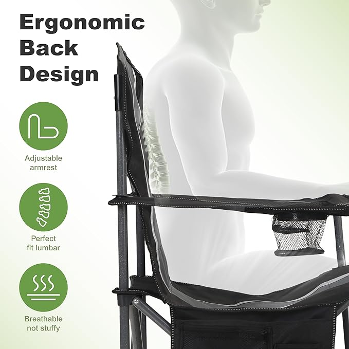 LET'S CAMP Oversized Outdoor Folding Camping Chair, Heavy Duty Arm Chair with Cup Holder and Storage Bag, 350 LBS Weight Capacity, Grey