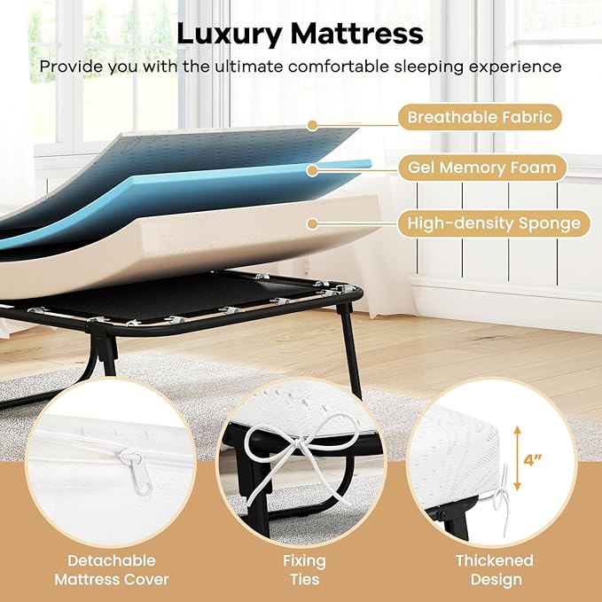 Giantex Folding Bed with Mattress, 75" x 31" Rollaway Guest Bed with Memory Foam & Heavy-Duty Metal Frame, Space-Saving Fold up Beds, Cot Size Portable Roll Away Beds for Adults