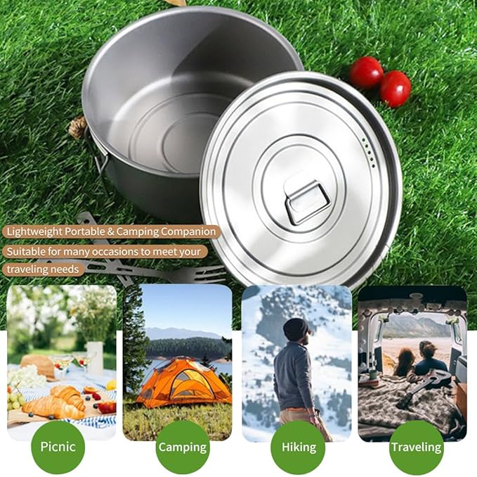 BY-J 3 Piece-Set, Outdoor Titanium Frying Pan & Pot with Lid Folding Handle Camping Hanging Cookware Hiking Picnic Ultralight Bowl Tableware