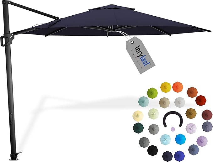 Midtown Umbrellas 10 Ft Outdoor Cantilever Patio Umbrella w/Terylast Navy Blue Fabric - Rotate Tilt 360° Offset Patio Umbrella, Deck Patio Umbrella, Backyard Umbrella & Garden Umbrella - Black Frame
