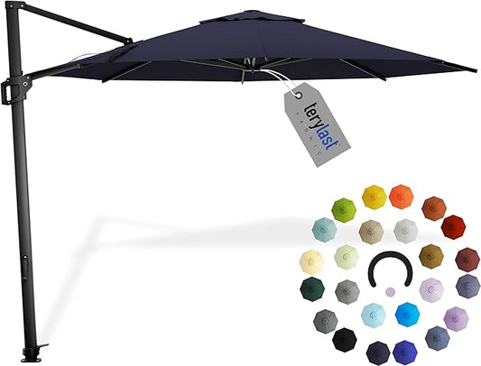 Midtown Umbrellas 10 Ft Outdoor Cantilever Patio Umbrella w/Terylast Navy Blue Fabric - Rotate Tilt 360° Offset Patio Umbrella, Deck Patio Umbrella, Backyard Umbrella & Garden Umbrella - Black Frame