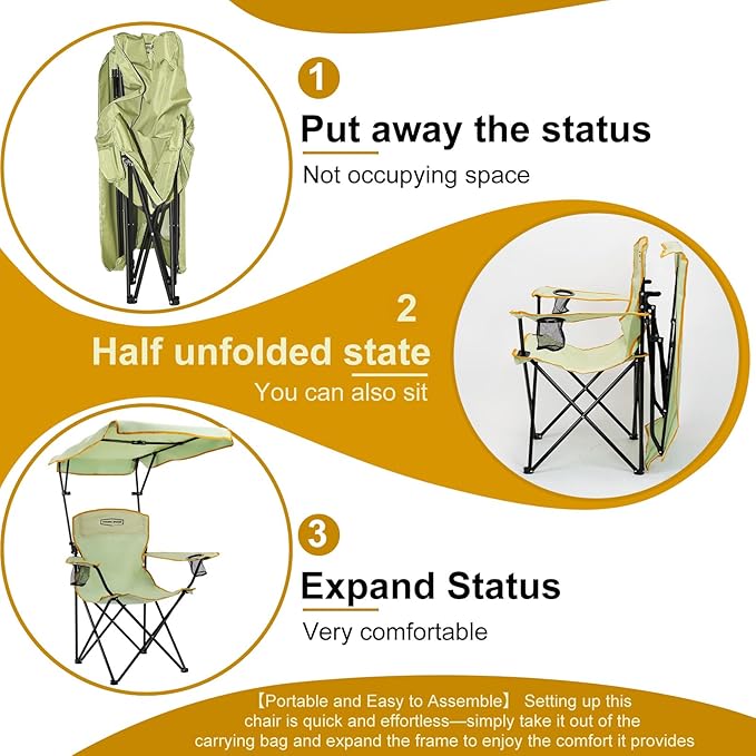 YOUNG WOOD Portable Camping Chair Beach Chair with Shade Canopy, Fold Lightweight Oversized for All, Easy to Open and Close Without Installation, Side Pocket Design for All Outdoor Activities，Green