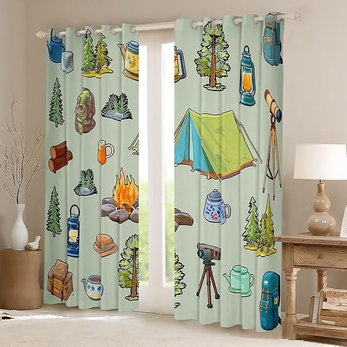 Feelyou Green Camper Theme Blackout Curtains Happy Camping Darkening Drapes for Bedroom Living Room Decor Camper Accessories Thermal Insulated Shades Window Treatments, 2 Panels 52 x 96 Inch
