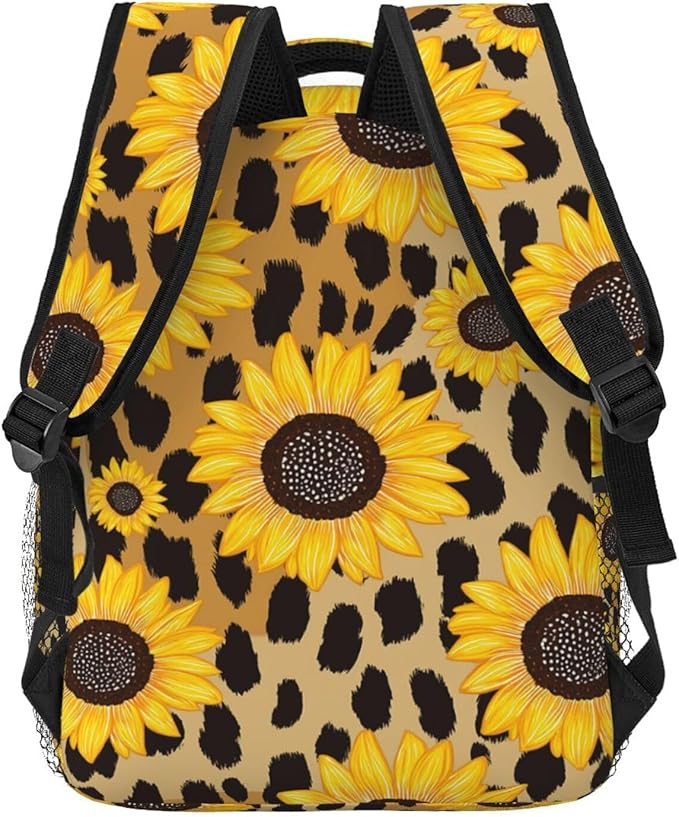 Women Men Polyester 90S Sunflower Leopard Casual Daypack Large Capacity Bookbag With Side Pockets for Sports Picnic Walking Cycling