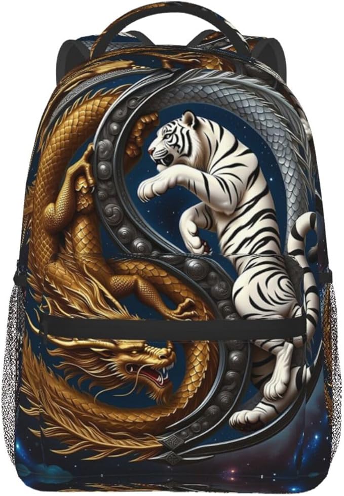 Men Women Lightweight Yin Yang Gold Dragon White Tiger Art Casual Daypack Large Capacity Bookbag With Adjustable Shoulder Straps for Gym Business Bicycle
