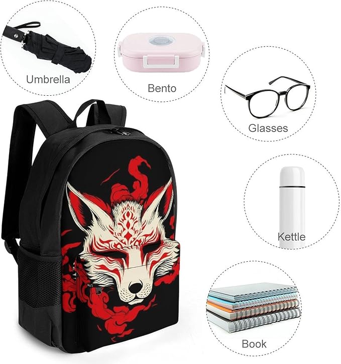 Lightweight Daypack Backpack for Sports Travel Running, Large Capacity Multipurpose Anti-Theft Bookbag, Japanese Kitsune Mask Fox Art Laptop Backpack Daypack