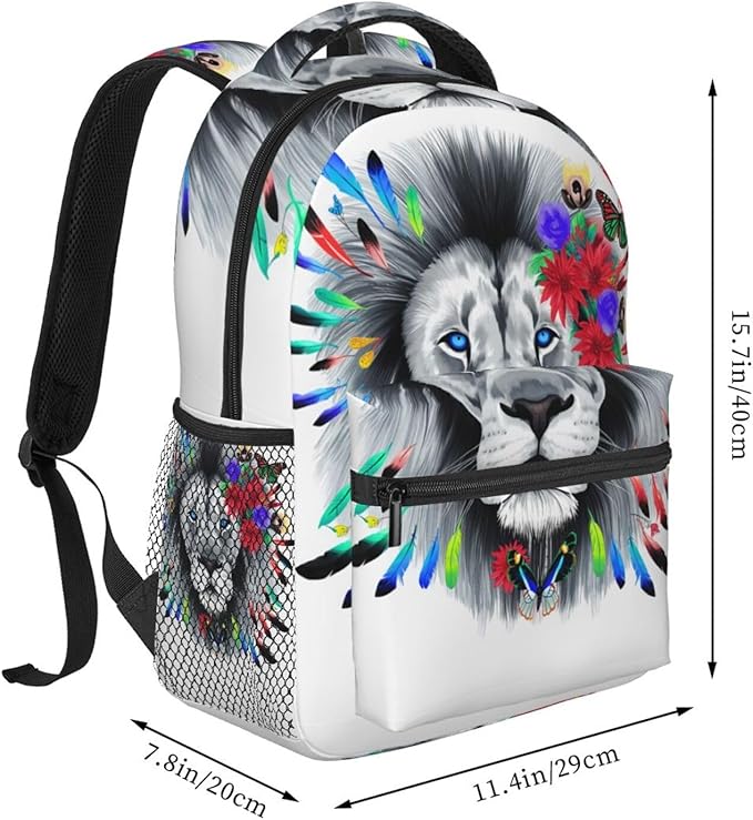 Daypack Backpack Anti-Theft Multipurpose Big Capacity Bookbag, Lion Feather Flower Butterflies Art Business Computer Bag With Side Pockets