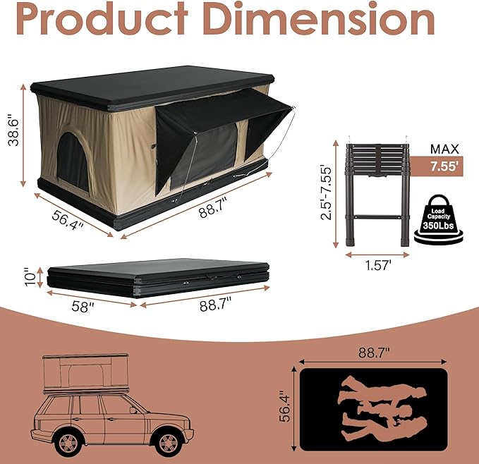 Rooftop Tent, Hardshell Roof Top for 2-4 Person, with Aluminum Telescopic Ladder, LED Strip Light