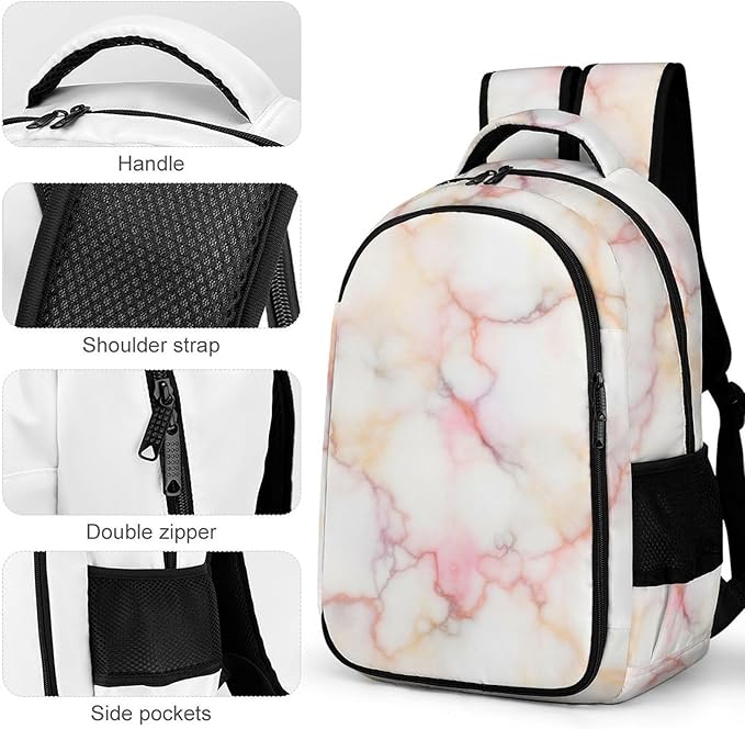 Large Capacity Laptop Backpack Pink Marble White, Sturdy Water Resistant College Bookbag with Water Bottle Pockets for Business Travel Gifts