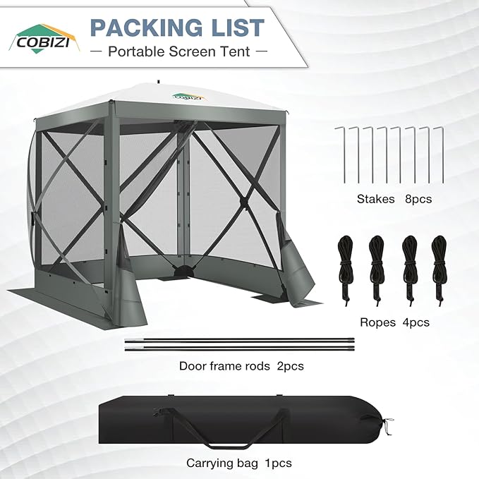 COBIZI 6x6FT Pop Up Gazebo Screen Tent Screen House for Camping, Screen Room with Mosquito Netting, Hub Tent Instant Screened Canopy with Carrying Bag and Ground Stakes, Gray