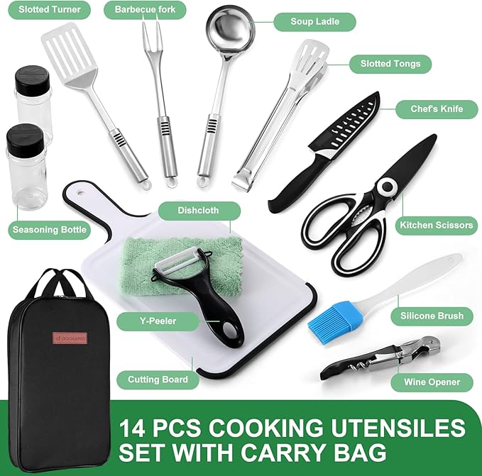 Odoland 14pcs Camping Cookware, Stainless Steel Camping Cooking Utensils Set, Portable and Compact Carry Case, Outdoor Travel Kitchen Kit for Grilling, Backpacking, Picnic and BBQ