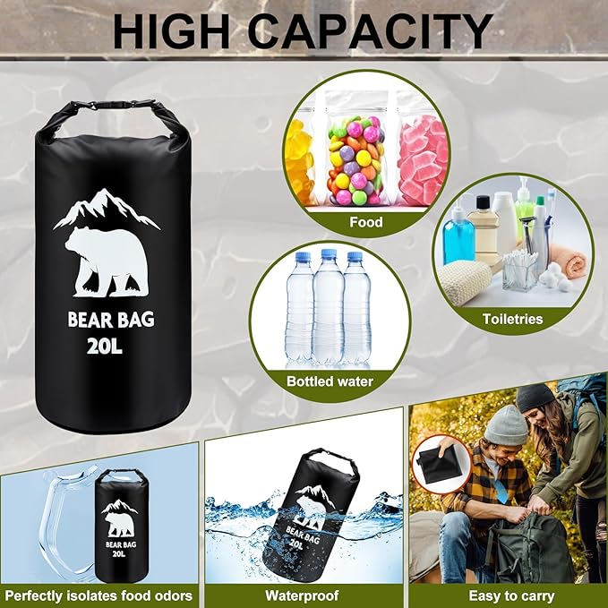 1 Set Bear Bags for Food Backpacking 20L Bear Food Bag Hanging System Bear Proof Food Storage Includes Waterproof Bear Bag, Rock Pouch, Hooks and Nylon Ropes for Camping Hiking (20L, Black)