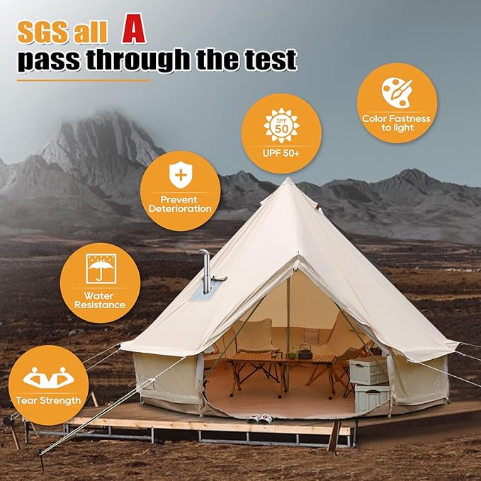 Luxury Cotton Bell Tent, Yurt Canvas Tent with Stove Jack, 4/6/8 Person Family 4 Season Camping