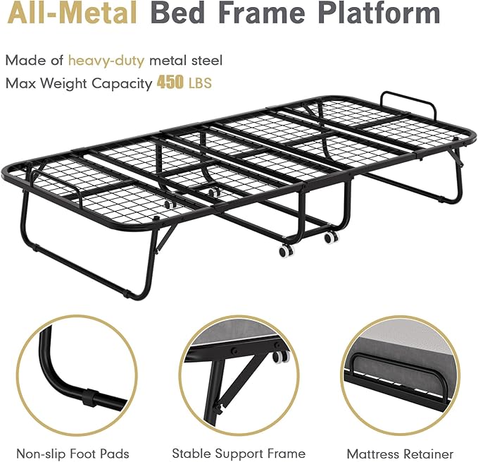 Folding Bed with Mattress for Adults,Roll Away Foldable Bed, Portable Rollaway Bed with 5-inch Memory Foam Mattress & Sturdy Metal Frame, Space-Saving Easy Storage,75"x 38"