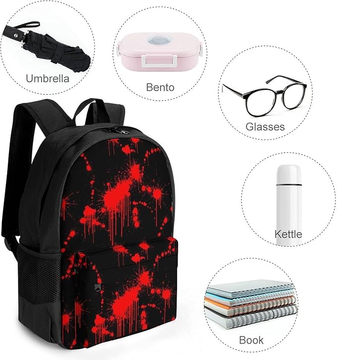 Men Women Polyester Halloween Classic Horror Blood Splatter Black Red Backpack Large Capacity Bookbag With Smooth Zippers for Climbing Picnic Bicycle