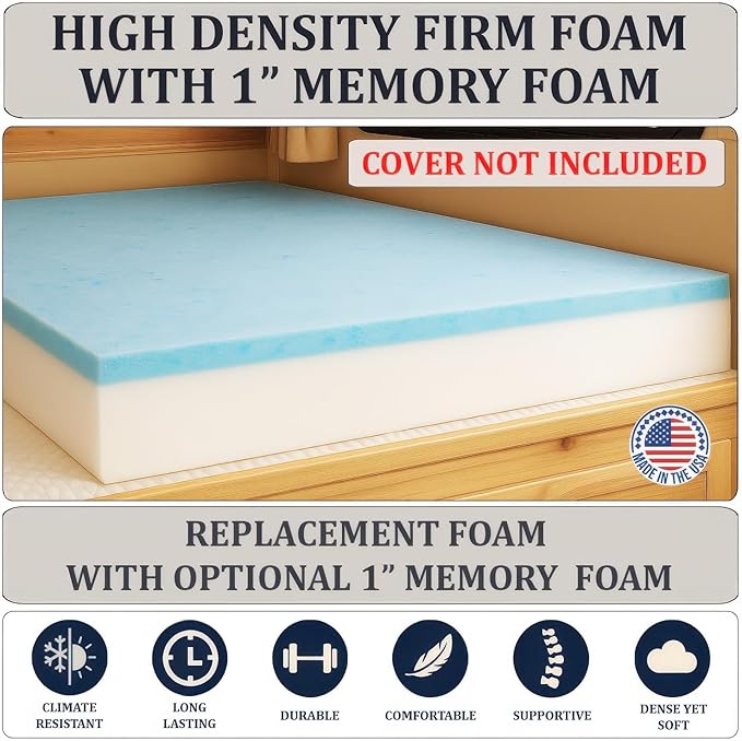 Foamma 6” x 34" x 75", Medium Firm with Gel Memory Foam (No Cover), Mattress Replacement Topper for RV Bunk, Camper, Truck & Travel Trailer, Back Support, CertiPUR-US Certified, Made in USA