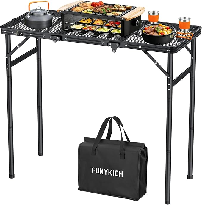 FUNYKICH 3ft Folding Grill Table for Outside 35.4''x15.7'', Max Height 29.4'' Portable Camping Tables, 3 Height Adjustable Lightweight Metal BBQ Table with Carry Handle for Camping, Picnic, BBQ, Black