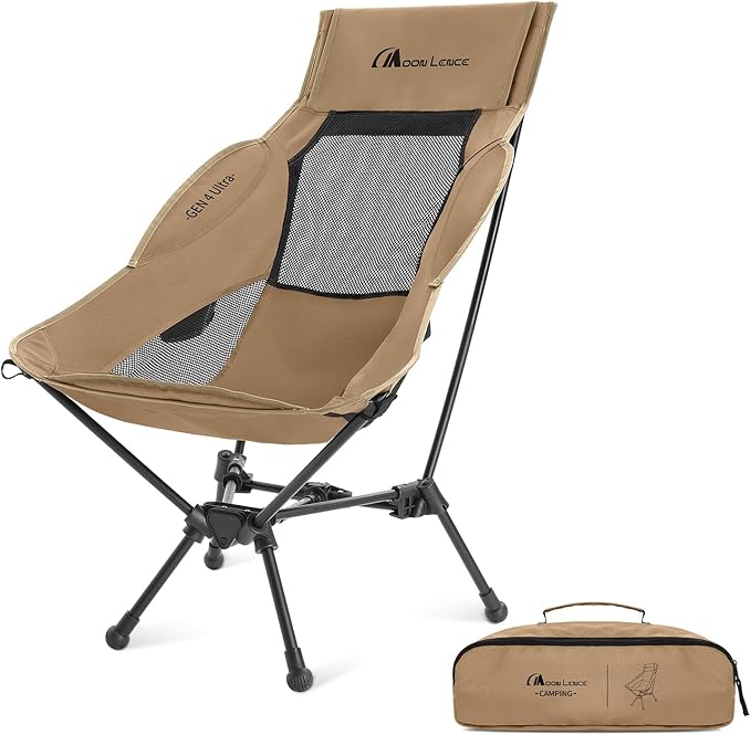 MOON LENCE High Back Folding Camping Chair, 330lbs Portable Compact Chair with Wide Seat & Ergonomic Back Support (Khaki)