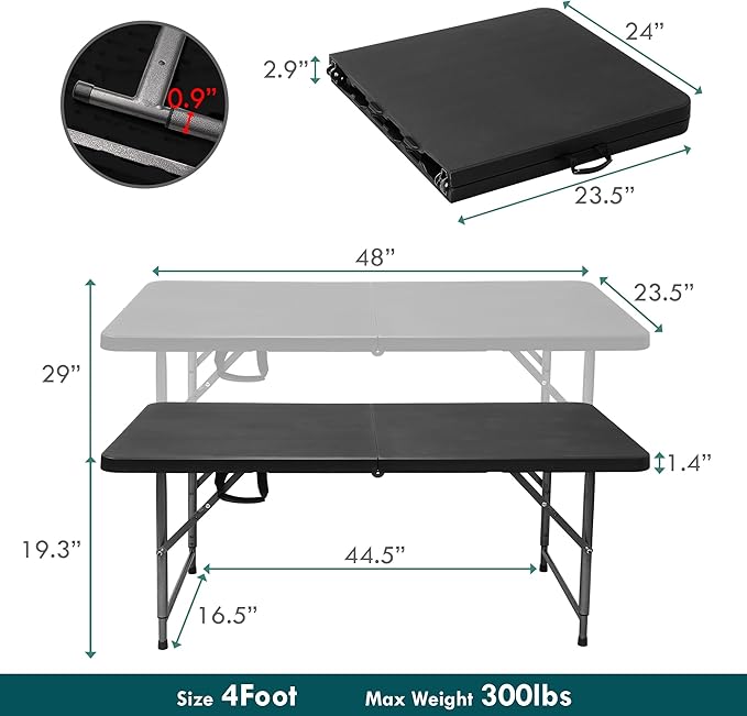 4ft Table, Adjustable Height Table with Foldable, Easy to Carry, for Family Gatherings, Outdoor Gatherings, Indoor