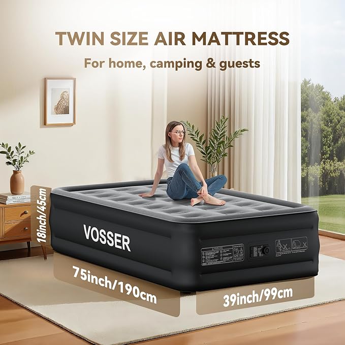 Air Mattress Twin with Built in Pump,18” Raised Blow Up Mattress,Inflatable Mattress in 2 Mins,Single Twin Size Air Mattress for Home,Floor&Camping, Air Bed for Adults,330LB Max,Black