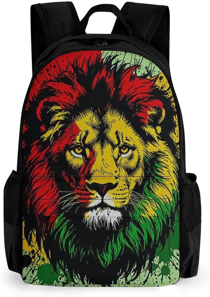 Men Women Lightweight Rasta Flag Black Paint Splatter Lion Backpack Large Capacity Bookbag With Smooth Zippers for Gym Business Running
