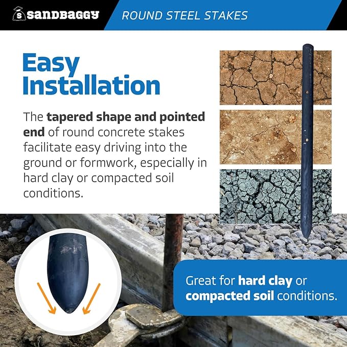 Sandbaggy Round Steel Concrete Form Stakes with Nail Holes - Rust Resistant Coating - Removable, Reusable (20, 3/4 in X 12 in)