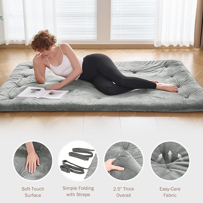 Japanese Floor Futon Mattress Queen Size 60"x 80", 2.5'' Thick Foldable Roll Up Floor Bed Sleeping Pad, 25D Foam Filled Tatami Mat with Straps for Guest Room, Dormitory & Camping, Grey