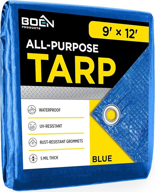 Multi-Purpose Large Tarp Waterproof Cover | Blue, 9' x 12' 5 Mil Thick | Rip Proof Tarps | Thick Weave Material, UV Resistant Great for Tarpaulin Canopy Tent, Boat, RV or Pool Cover