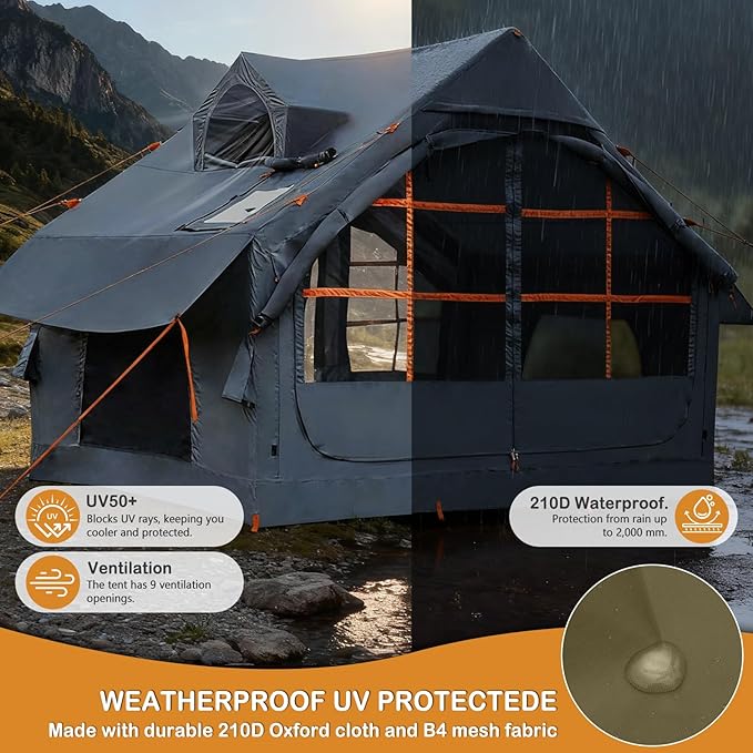 Inflatable Tents with Hand Pump Hot Tent with Stove Jack Easy Blow Up Glamping Tent with Mesh Windows, 4-6 Person Instant Family Camping Tents Waterproof for 4 Seasons