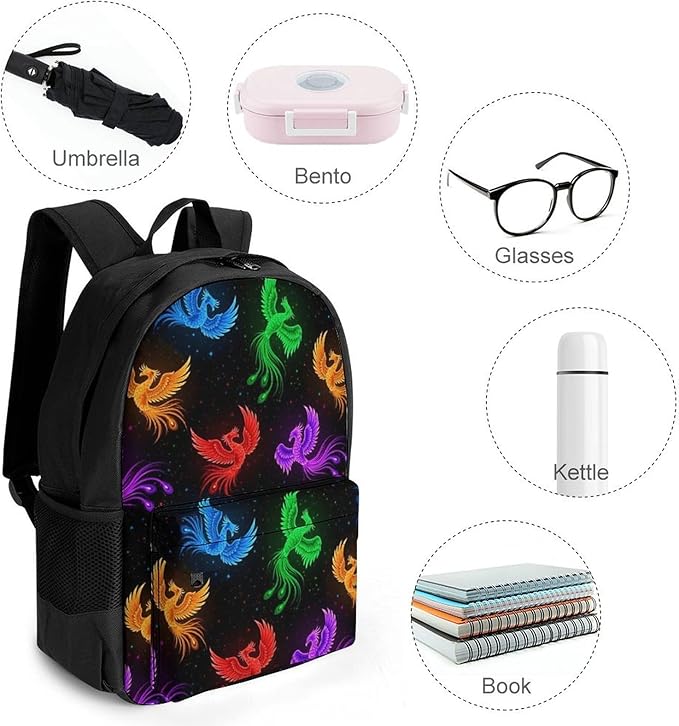 Men Women Polyester Colorful Fire Flame Birds Black Daypack Bookbag Big Capacity Shoulder Bag With Padded Straps for Climbing Travel Walking Cycling