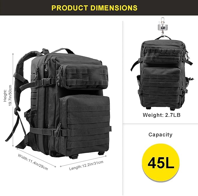 Zavothy 45L Military Tactical Backpack, Army 3-Day Assault Pack Bug Out Bag for Hiking Camping | Army, Bag, Large Rucksack, with Molle System