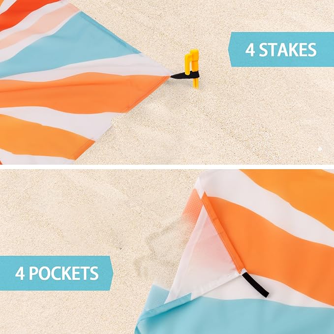 Beach Blanket Waterproof Sandproof, Oversized Picnic Blankets with Stakes and Sand Pockets, Lightweight Quick Drying, Extra-Large Portable Beach Mat for Outdoors, Camping, Hiking Trips-Summer Sunshine