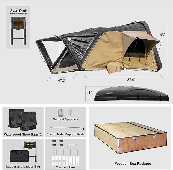 Naturnest Sirius1 Hardshell Roof Top Tent, All-Weather Overland Camping for SUV, Truck, 4-Season 2-3 Person HeavyDuty Rooftop Tent with Memory Foam Mattress, Built-in LED Lighting & Ventilation System