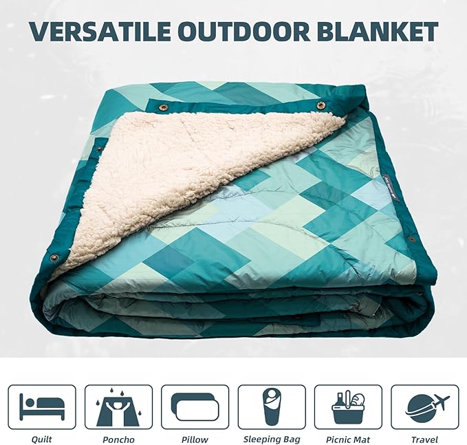Outdoor Camping Blanket with Sherpa Lining, Extra Warm Thick Camp Blankets and Puffy Ultralight Soft Poncho DWR Camping Quilt for Cold Weather, Adventure, Sleeping, Backpacking 78"x 56"