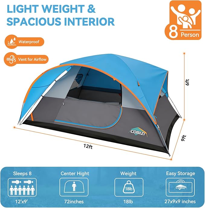 COBIZI 4-6-8-10 Person Camping Tent, Spacious Family Tents for Camping Ideal, Hiking, 3500mm Waterproof Double-Layer Windproof Tent for Hiking & Backpacking